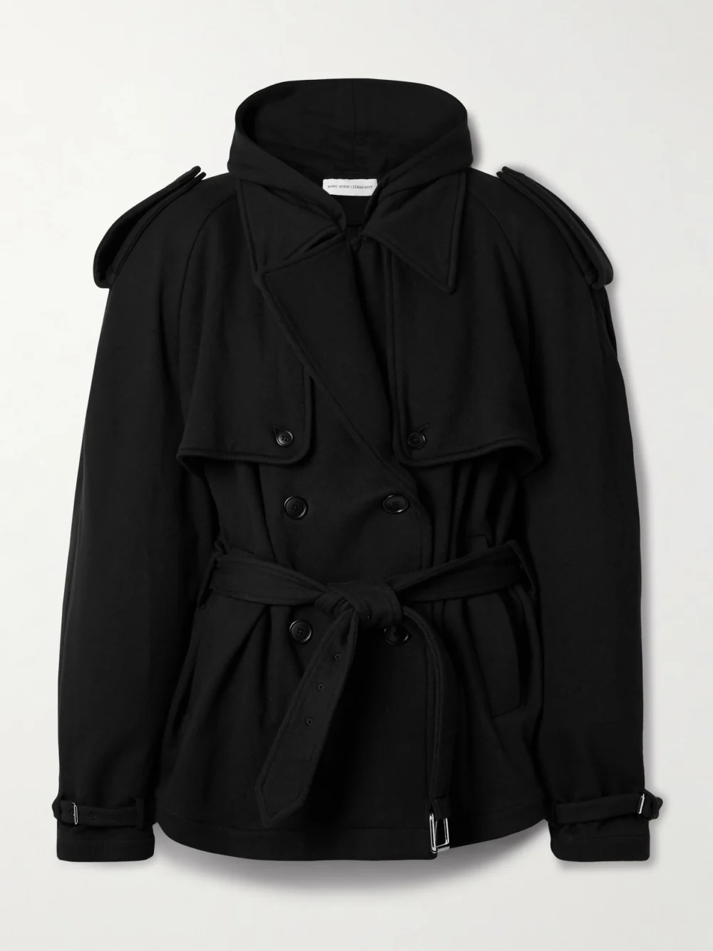 Marie Adam-Leenaerdt Hooded Double-breasted Belted Cotton-jersey Jacket in black