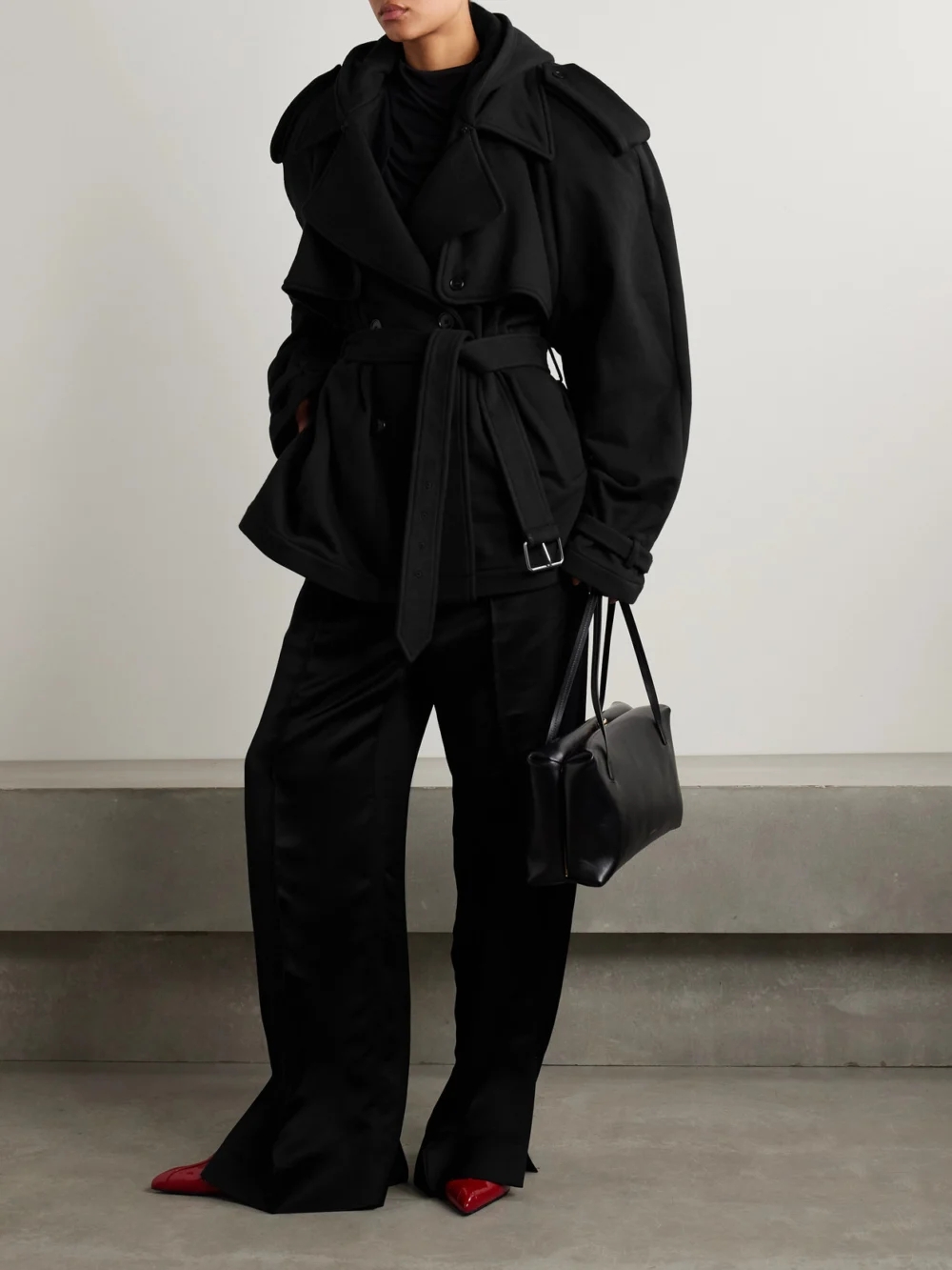 Marie Adam-Leenaerdt Hooded Double-breasted Belted Cotton-jersey Jacket, worn by a model