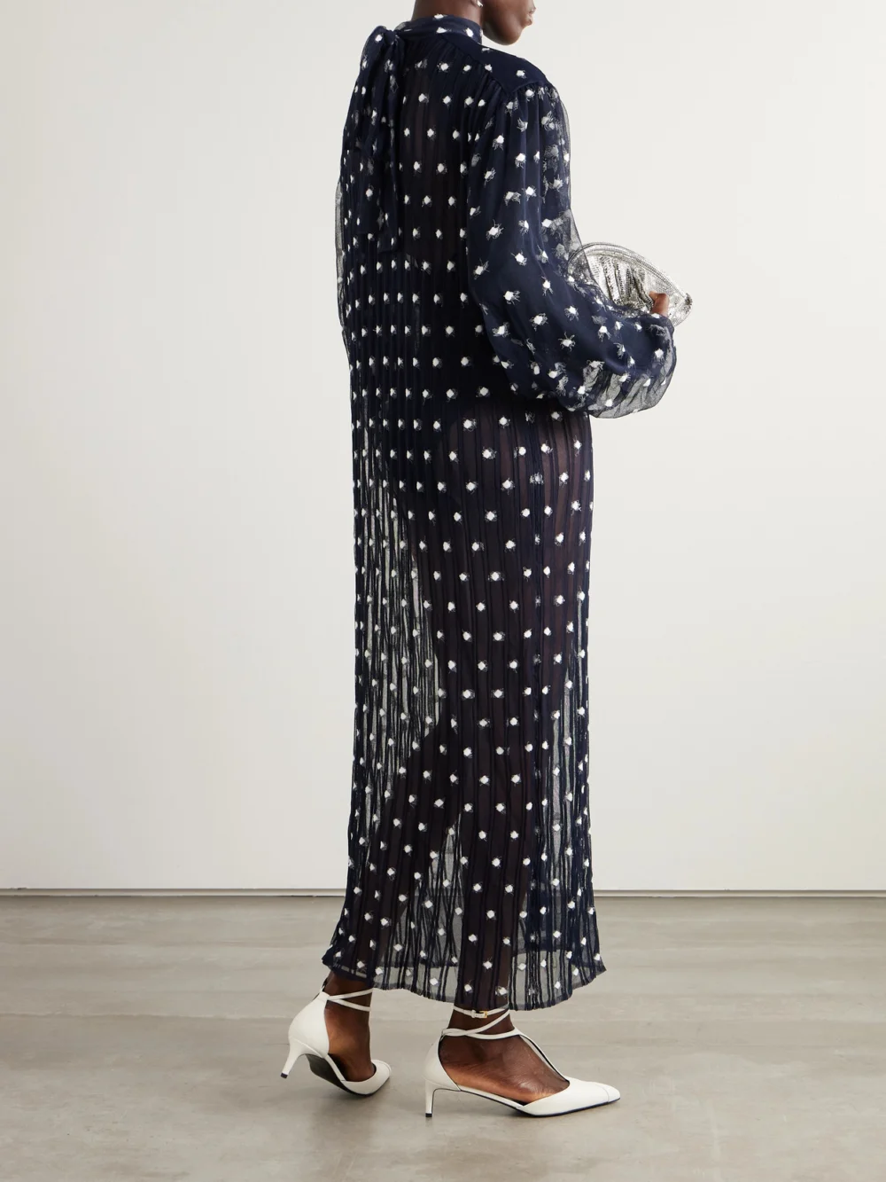 Back view of the Marie Adam-Leenaerdt Polka-dot Chiffon-trimmed Ribbed-knit Midi Dress