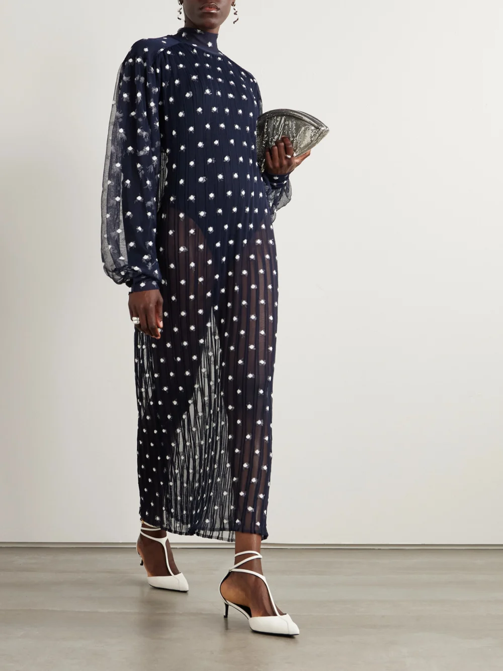 Marie Adam-Leenaerdt Polka-dot Chiffon-trimmed Ribbed-knit Midi Dress, worn by a model
