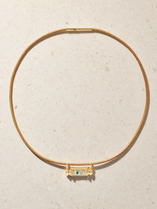 Marie Lichtenberg Luck 18-karat Yellow and White Gold, Emerald and Leather Necklace