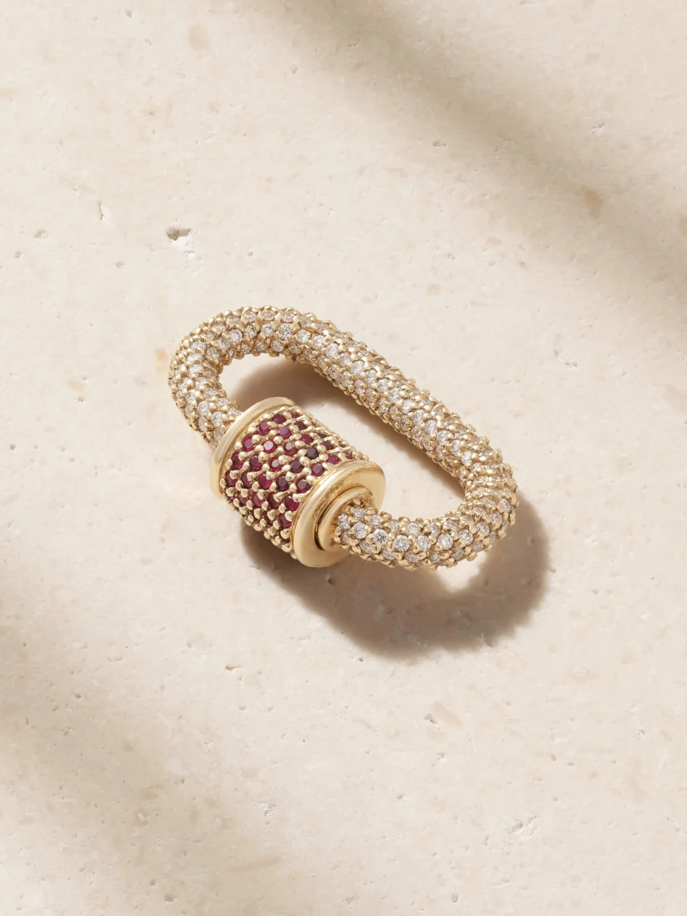 Back view of the Marla Aaron Allstone Lock 14-karat Gold, Diamond and Ruby Pendant