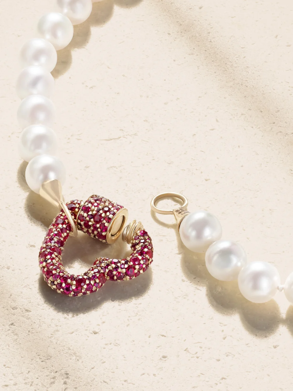 Back view of the Marla Aaron Heartlock 14-karat Yellow Gold, Ruby and Pearl Necklace