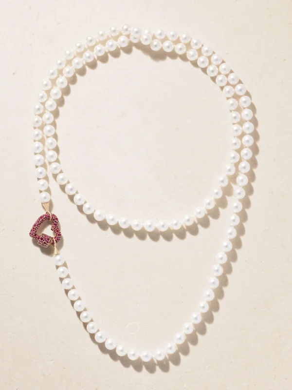 Marla Aaron Heartlock 14-karat Yellow Gold, Ruby and Pearl Necklace