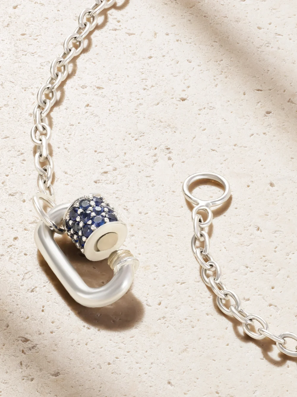 Back view of the Marla Aaron Pulley and Chubby Babylock 14-karat White Gold Sapphire Necklace
