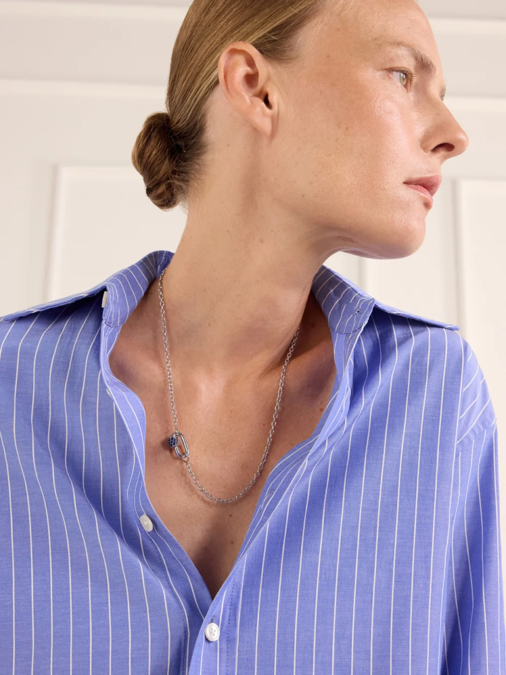 Marla Aaron Pulley and Chubby Babylock 14-karat White Gold Sapphire Necklace, styled view