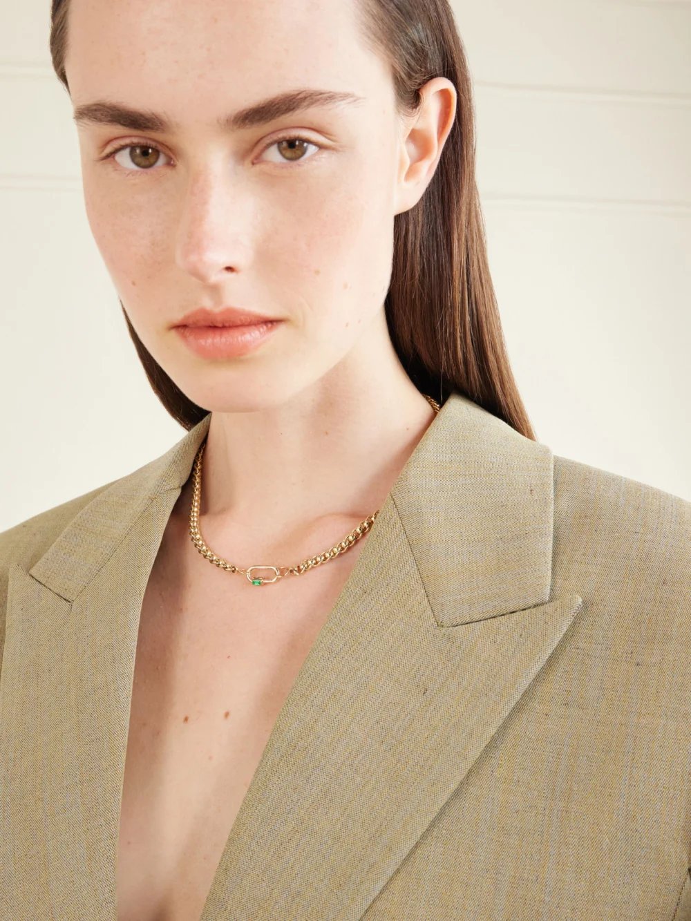 Marla Aaron Solo Baguette Babylock 14-karat Gold Emerald Pendant, styled view