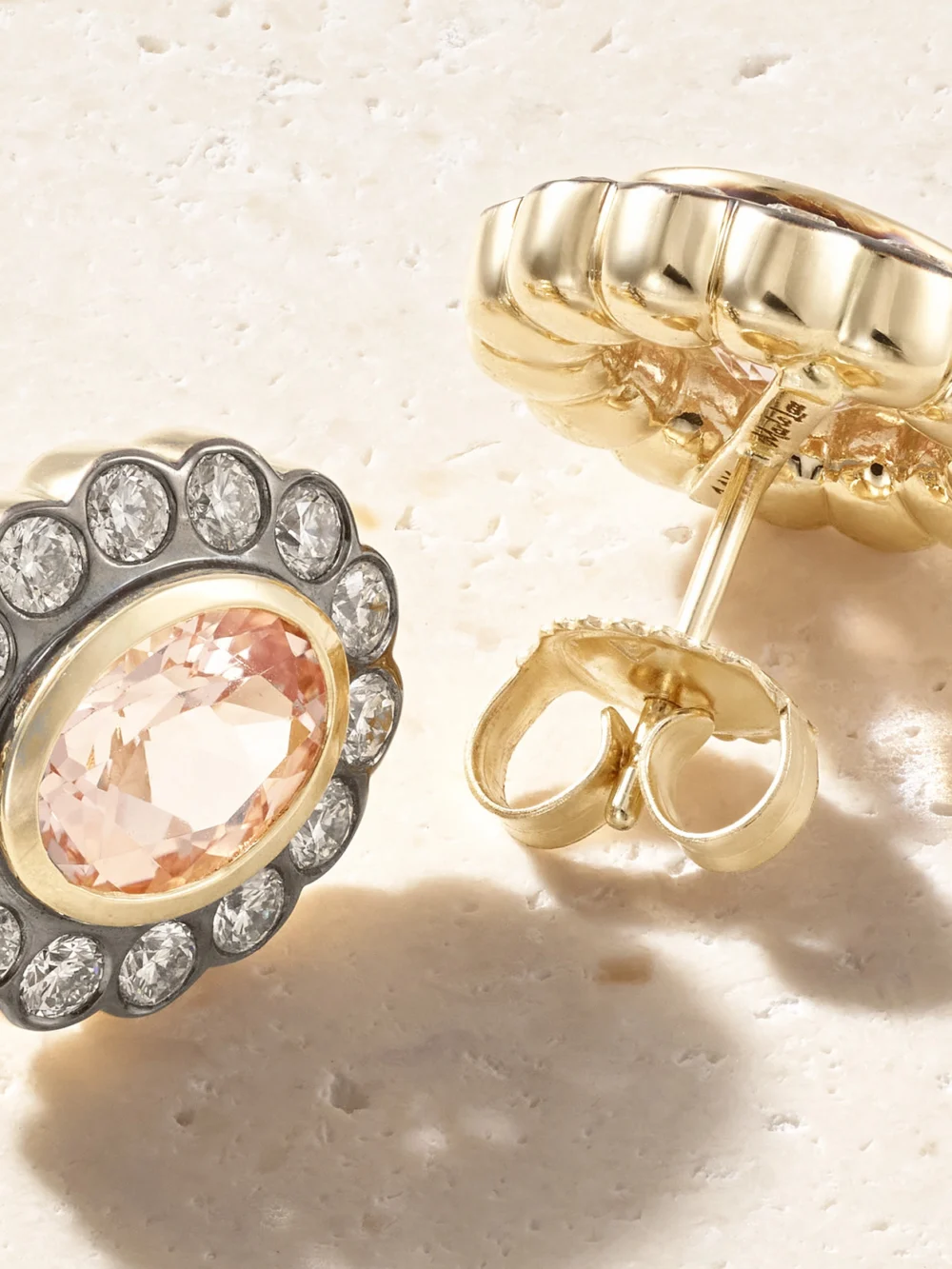 Close-up detail of the Marlo Laz Lexie 14-karat Gold, Morganite and Diamond Earrings