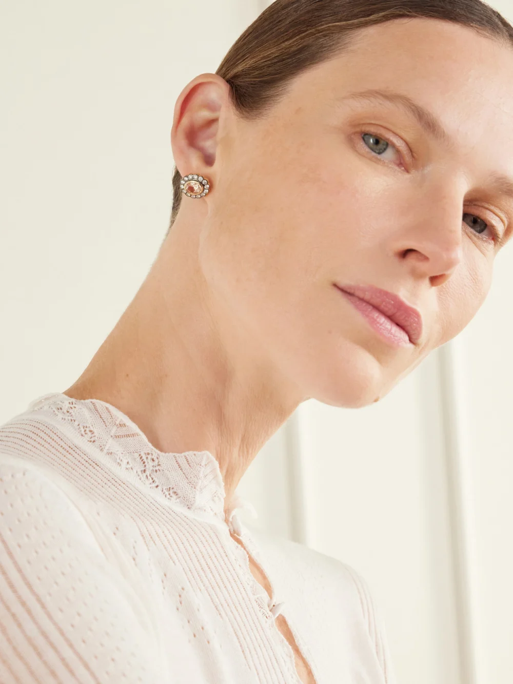 Marlo Laz Lexie 14-karat Gold, Morganite and Diamond Earrings, styled view