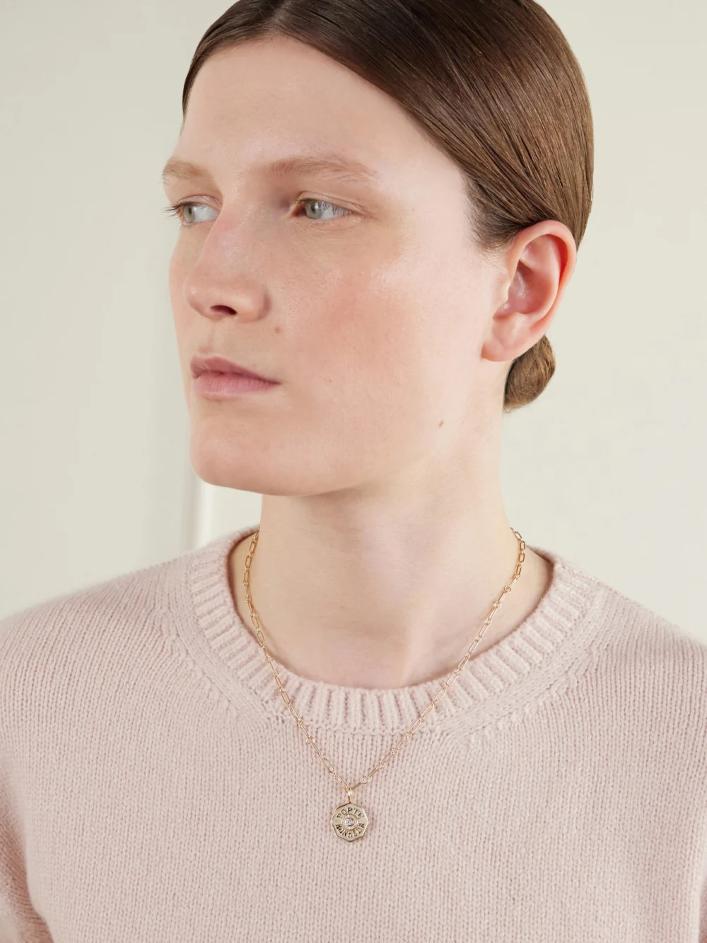 Marlo Laz Pb Charm Mini 14-karat Gold Diamond Necklace, styled view