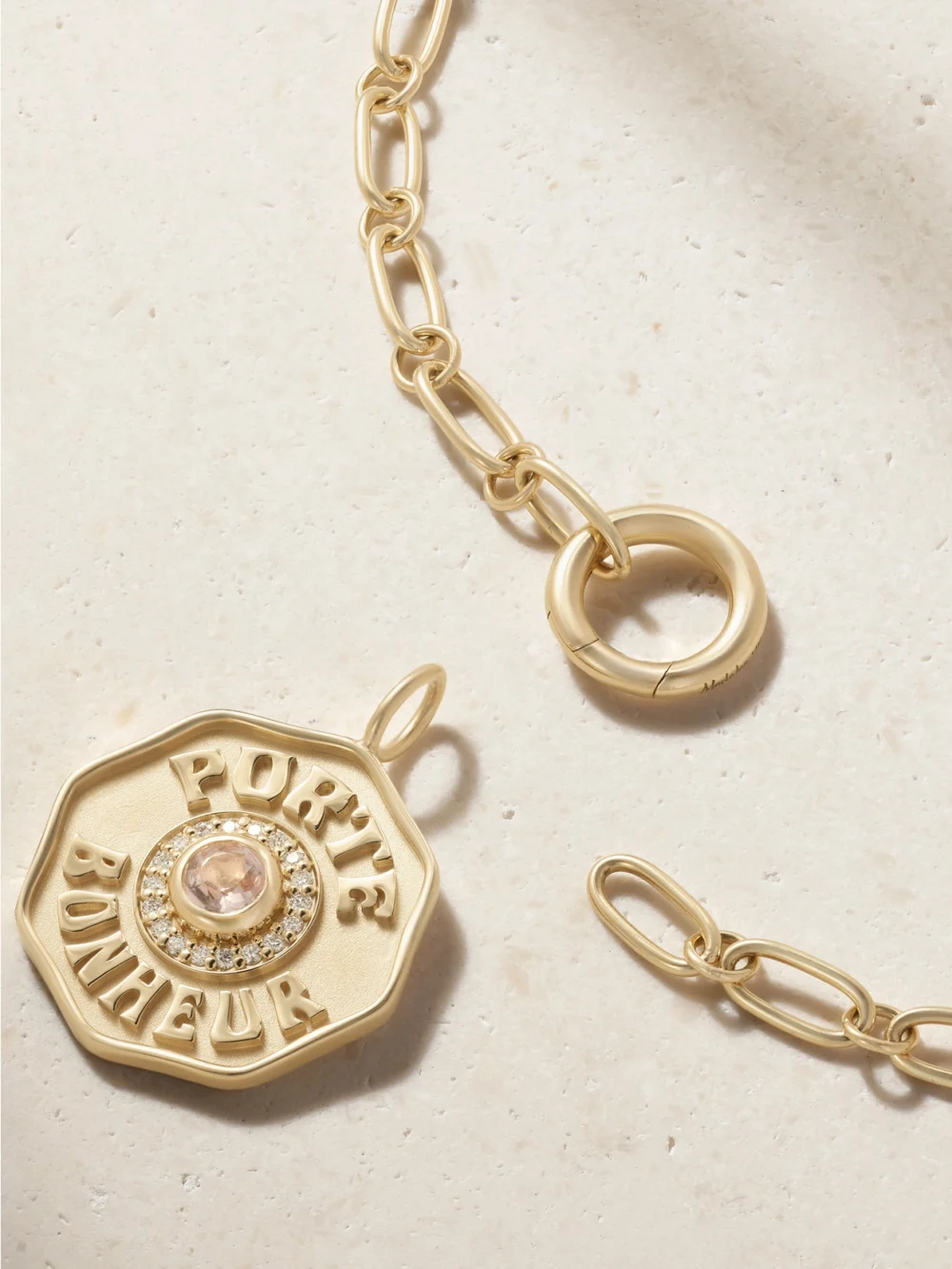 Back view of the Marlo Laz Porte Bonheur 14-karat Gold, Morganite and Diamond Necklace