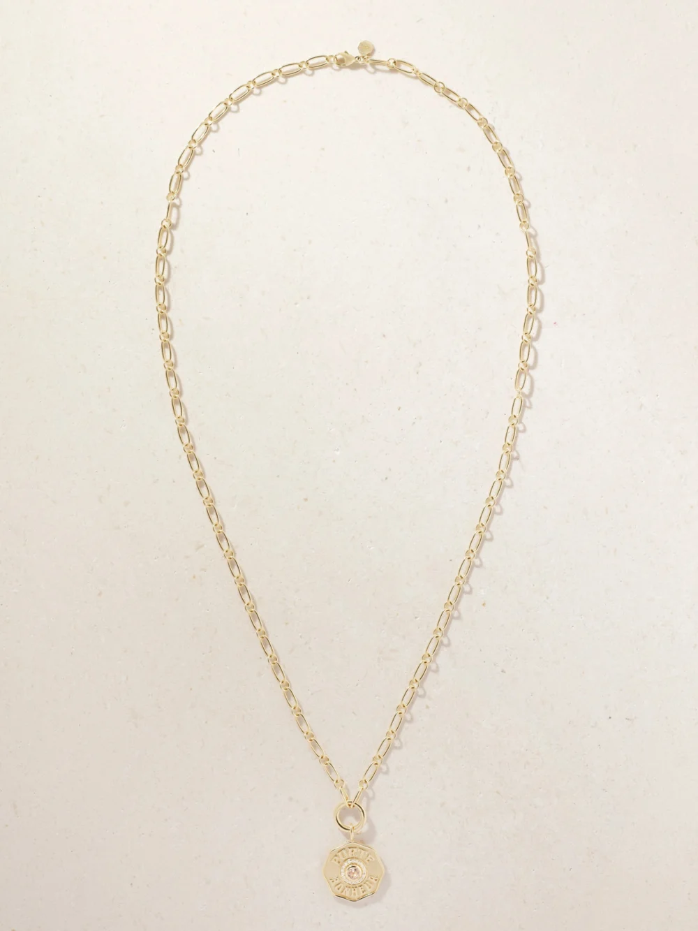 Close-up detail of the Marlo Laz Porte Bonheur 14-karat Gold, Morganite and Diamond Necklace