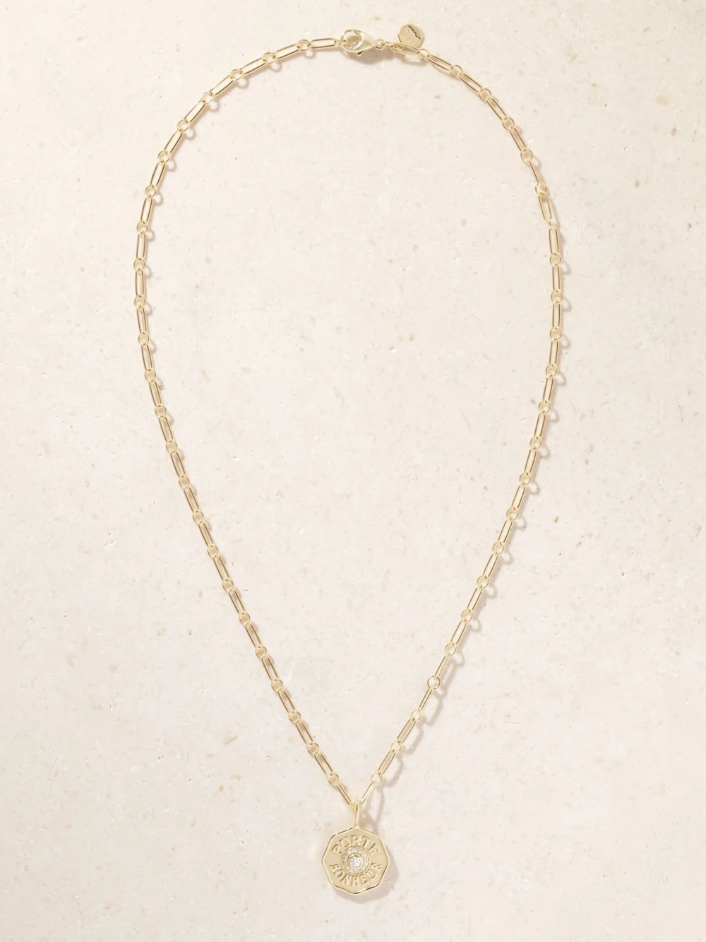 Close-up detail of the Marlo Laz Wee Porte Bonheur 14-karat Gold Diamond Necklace