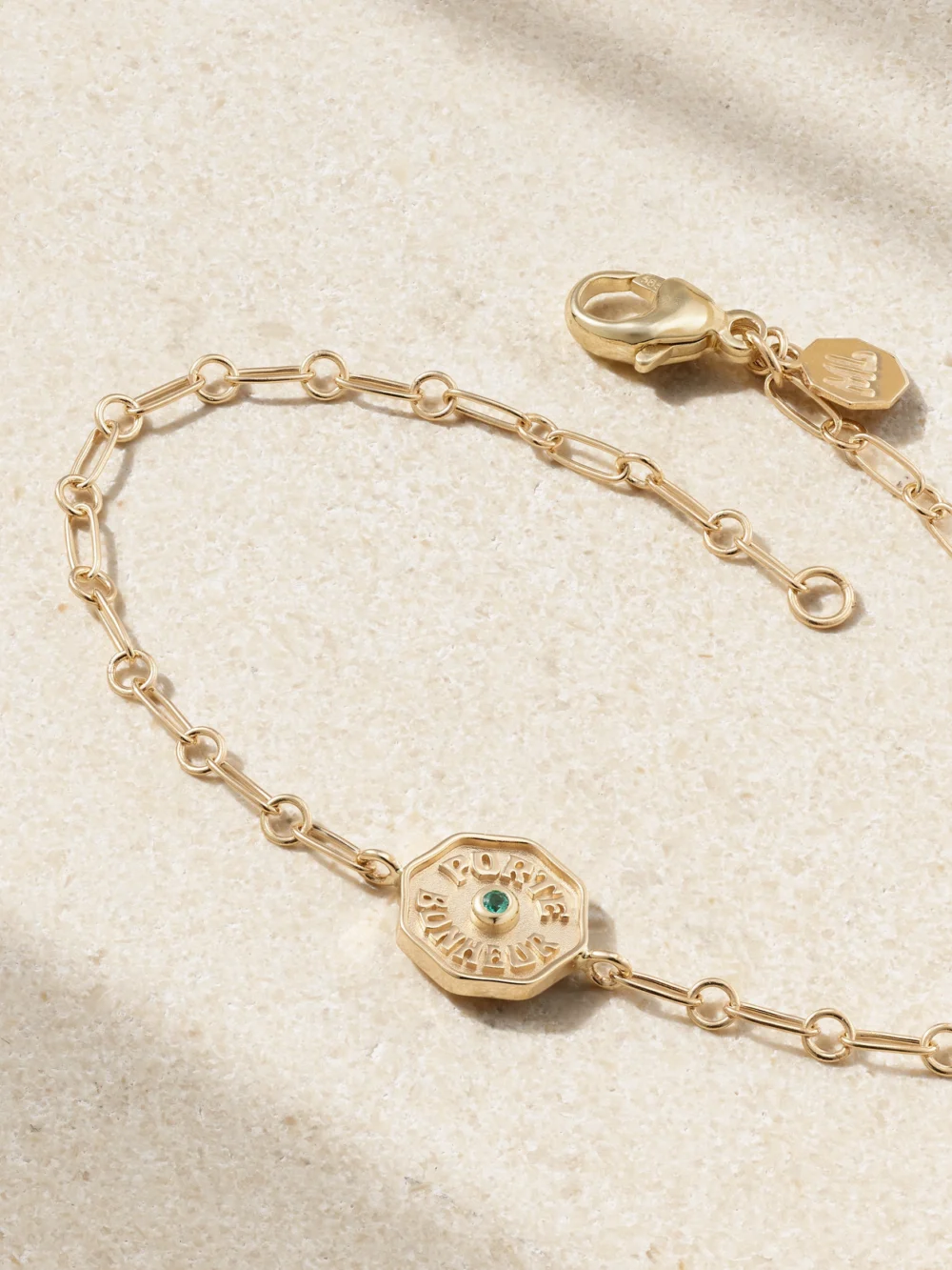 Close-up detail of the Marlo Laz Wee Porte Bonheur Coin 14-karat Gold Emerald Bracelet