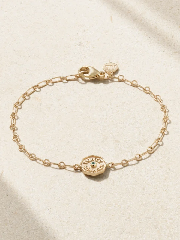 Marlo Laz Wee Porte Bonheur Coin 14-karat Gold Emerald Bracelet