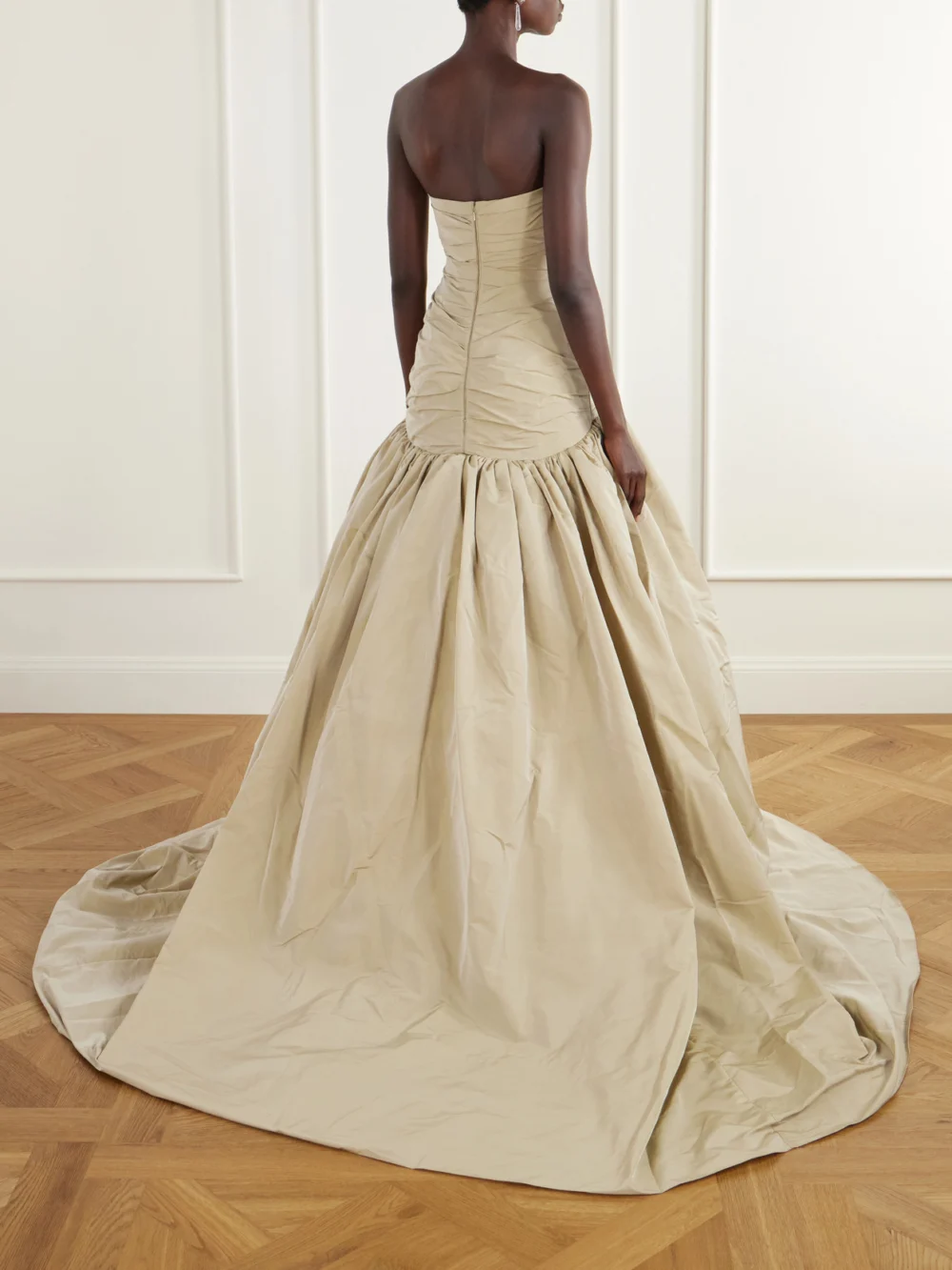 Back view of the Marmar Halim Strapless Ruched Drop-waist Crepe Gown
