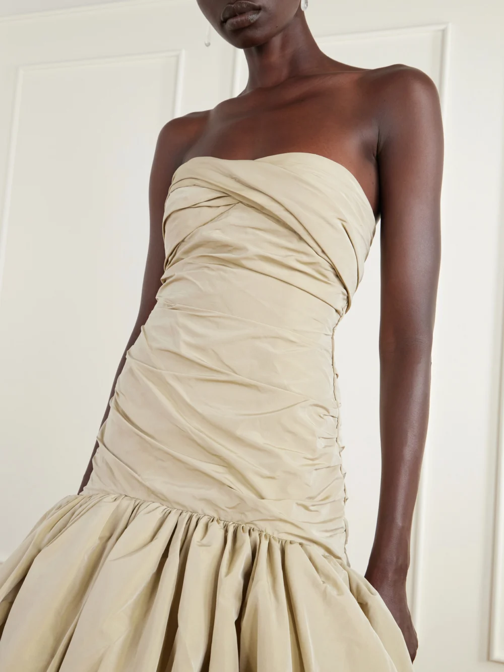 Close-up detail of the Marmar Halim Strapless Ruched Drop-waist Crepe Gown