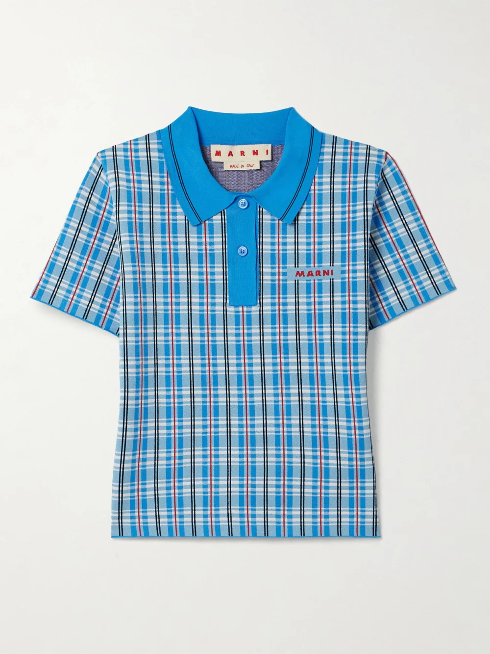 Marni Checked Jacquard-knit Polo Top in bright blue
