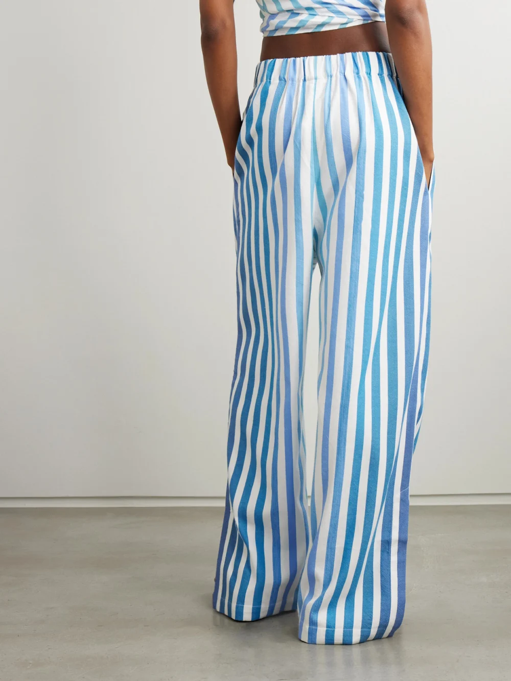 Back view of the Marrakshi Life Palazzo Striped Cotton-blend Wide-leg Pants