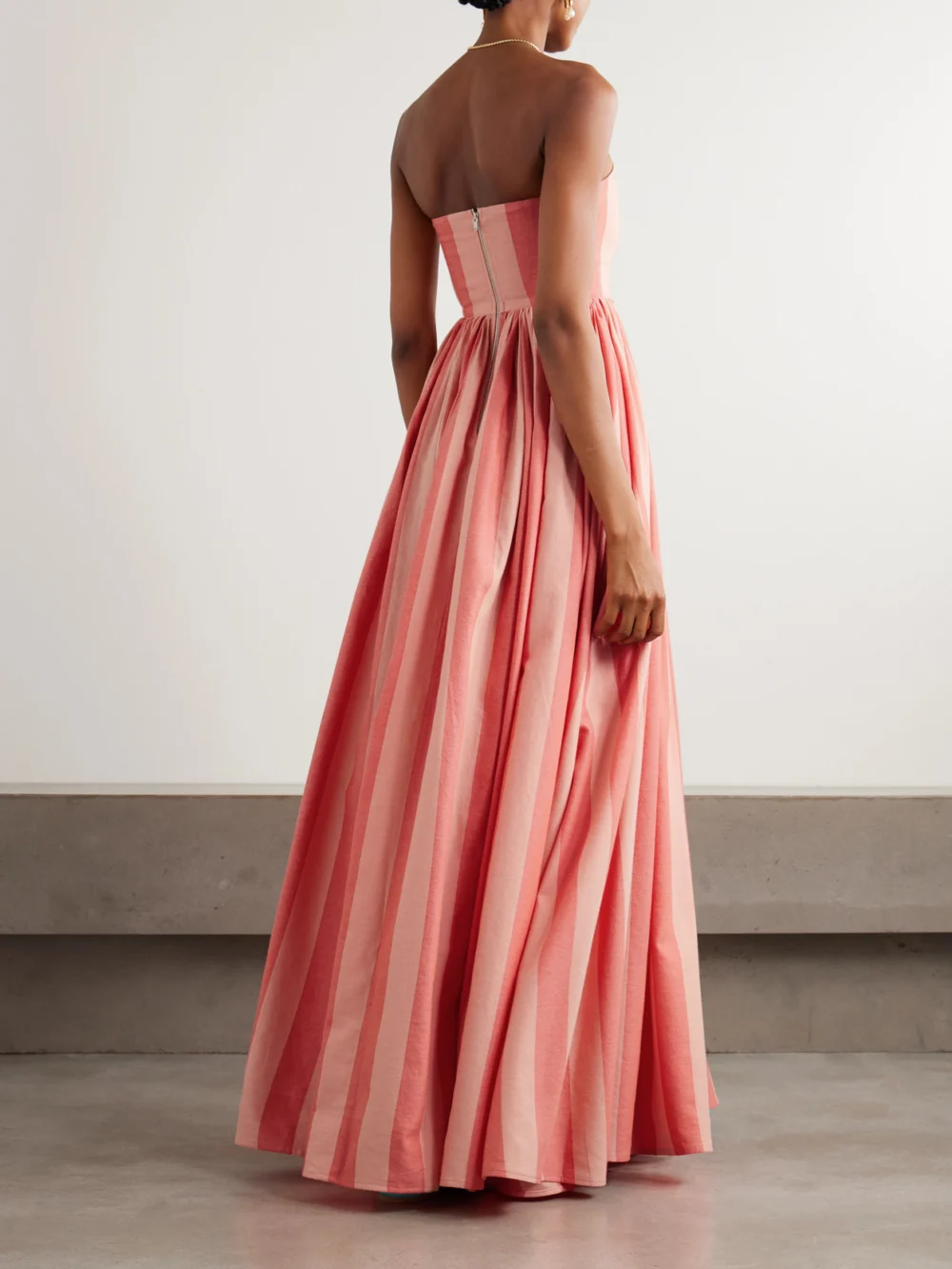 Back view of the Marrakshi Life Strapless Gathered Striped Cotton Maxi Dress