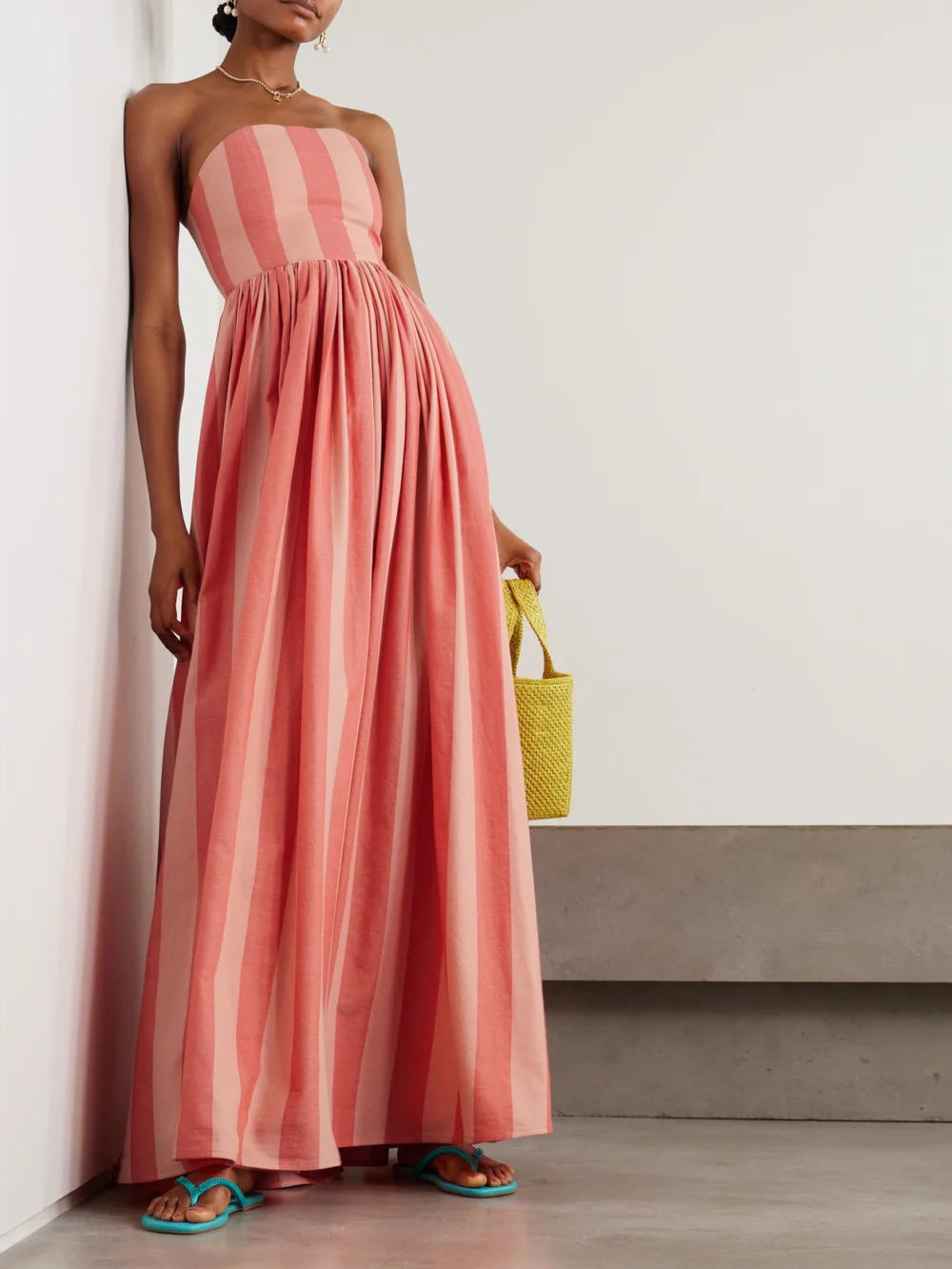 Marrakshi Life Strapless Gathered Striped Cotton Maxi Dress, worn by a model