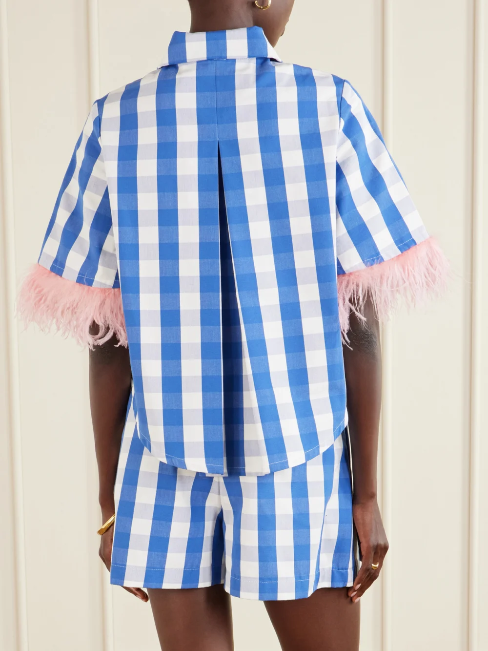 Back view of the Marta Ferri Picnic Cropped Checked Feather-trimmed Cotton-blend Blouse