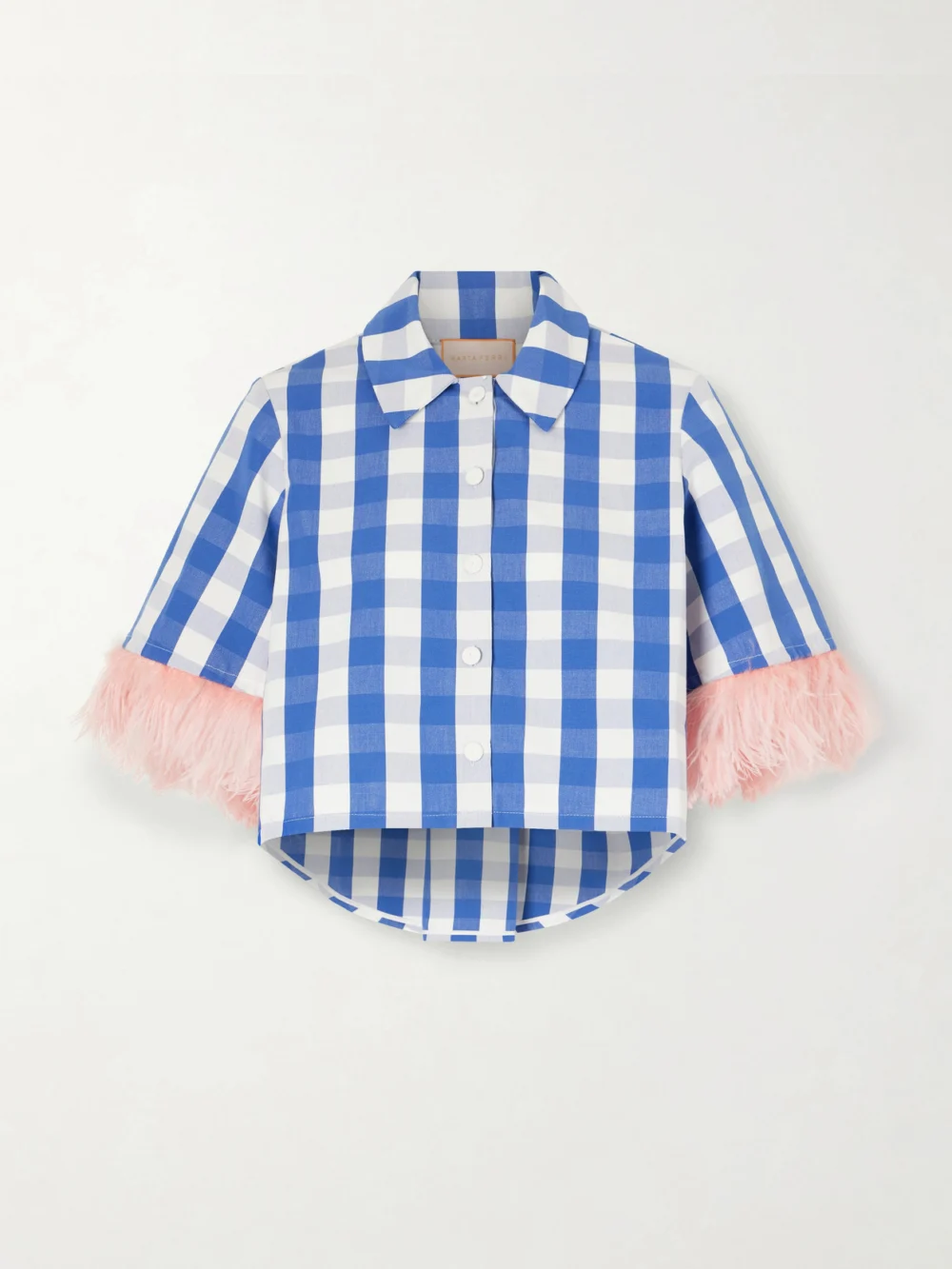 Marta Ferri Picnic Cropped Checked Feather-trimmed Cotton-blend Blouse in royal blue
