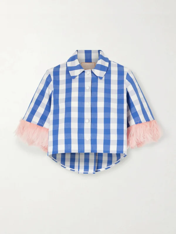 Marta Ferri Picnic Cropped Checked Feather-trimmed Cotton-blend Blouse