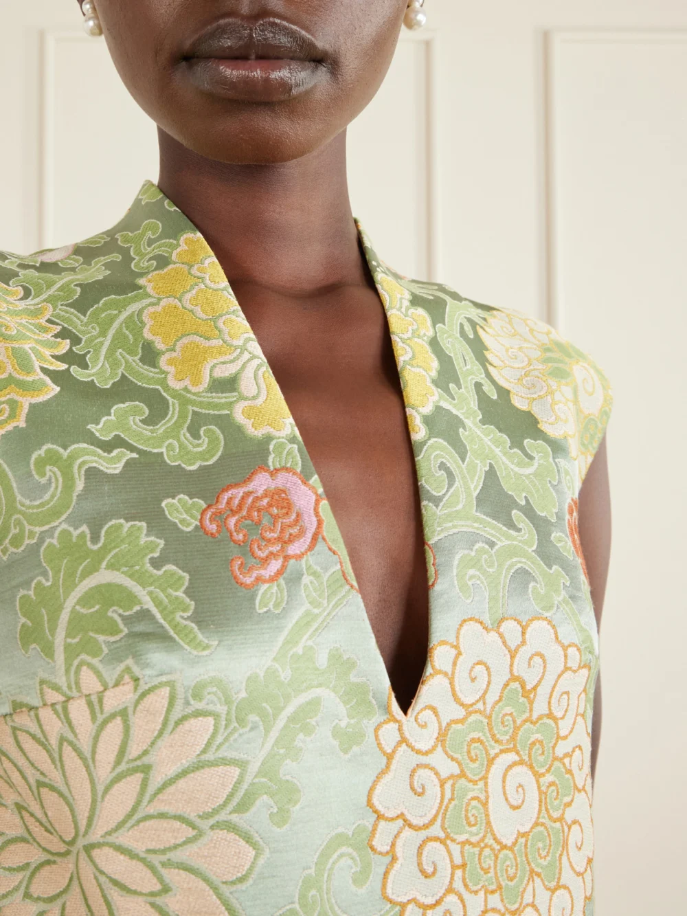 Close-up detail of the Marta Ferri Praga Embroidered Woven Midi Dress