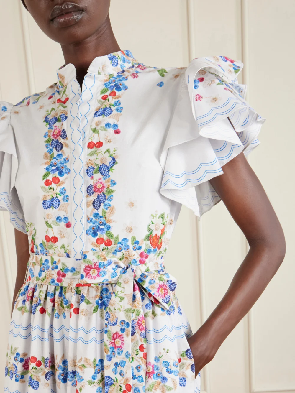 Close-up detail of the Mary Katrantzou Belted Floral-print Cotton-blend Midi Dress
