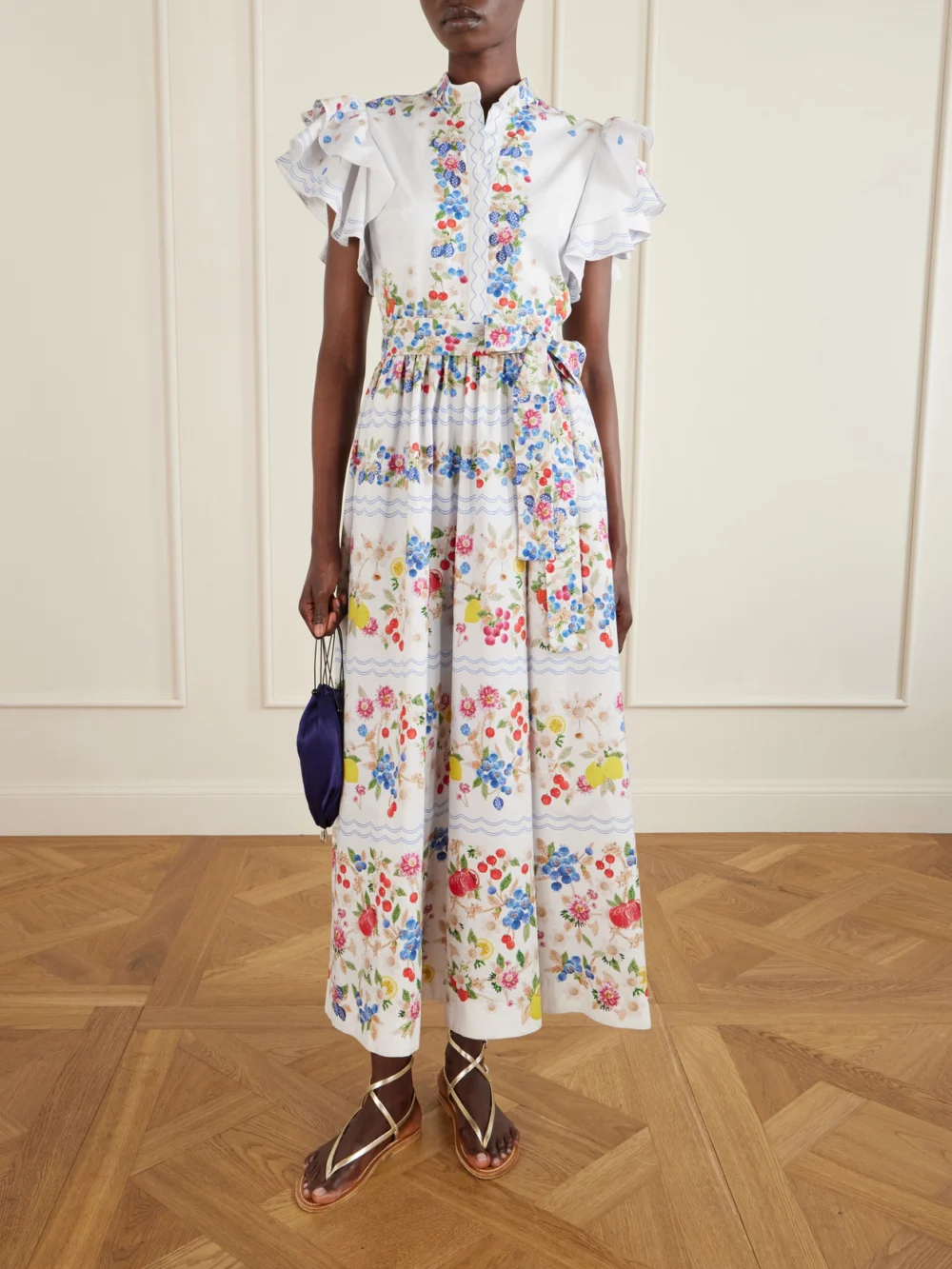 Mary Katrantzou Belted Floral-print Cotton-blend Midi Dress, worn by a model