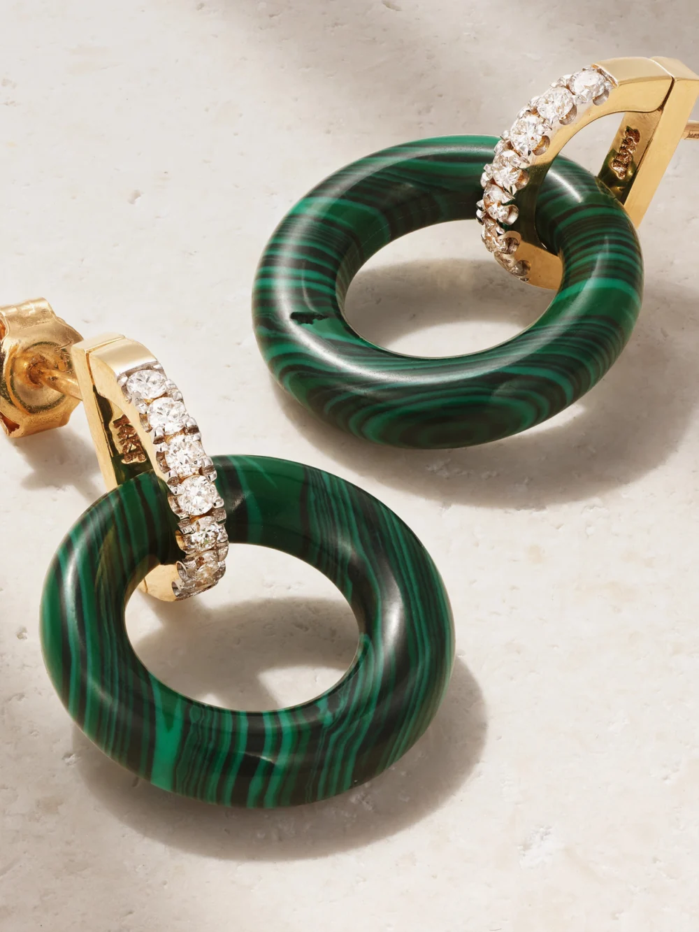 Close-up detail of the Mateo Door Knockers 14-karat Gold, Malachite and Diamond Hoop Earrings