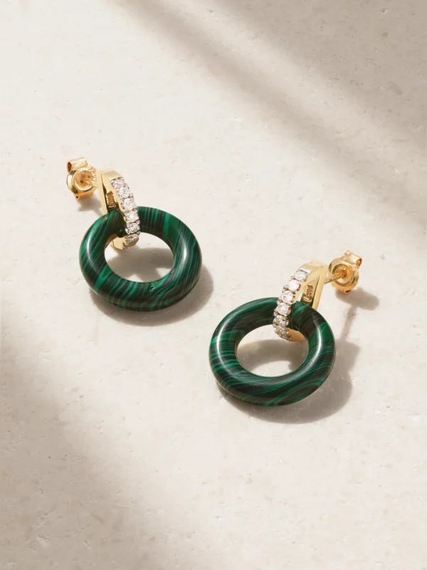 Mateo Door Knockers 14-karat Gold, Malachite and Diamond Hoop Earrings