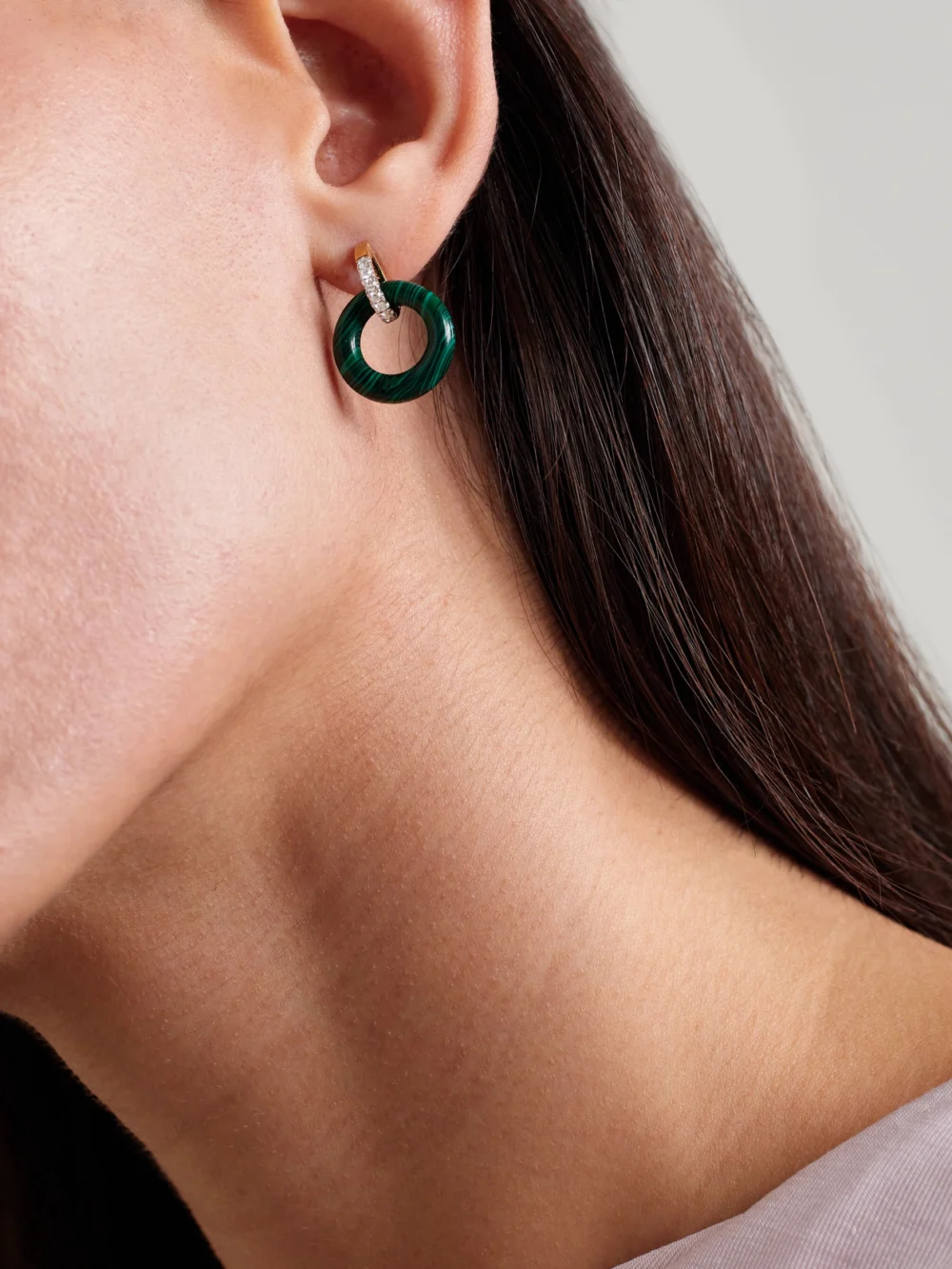 Mateo Door Knockers 14-karat Gold, Malachite and Diamond Hoop Earrings, styled view