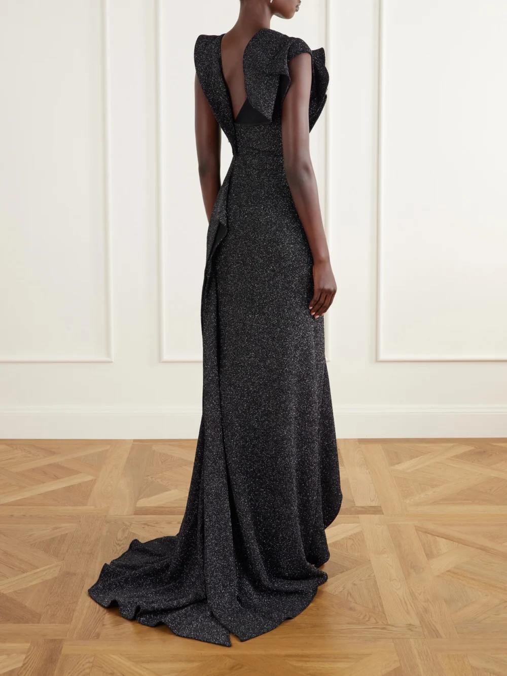 Back view of the Maticevski Flashpoint Asymmetric Ruffled Lurex Gown
