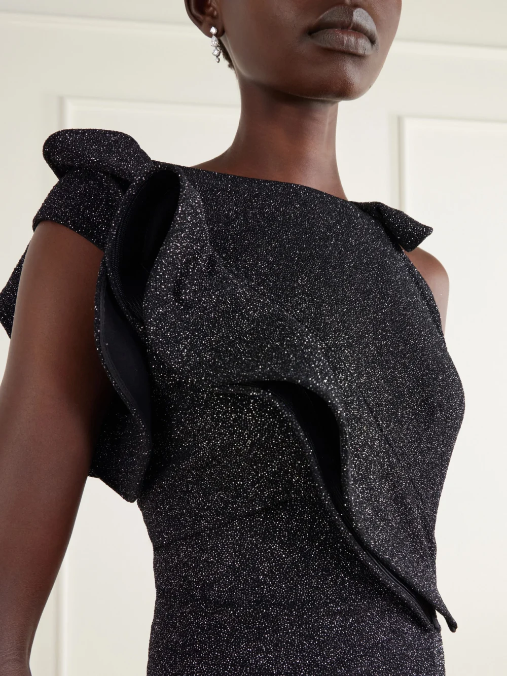 Close-up detail of the Maticevski Flashpoint Asymmetric Ruffled Lurex Gown