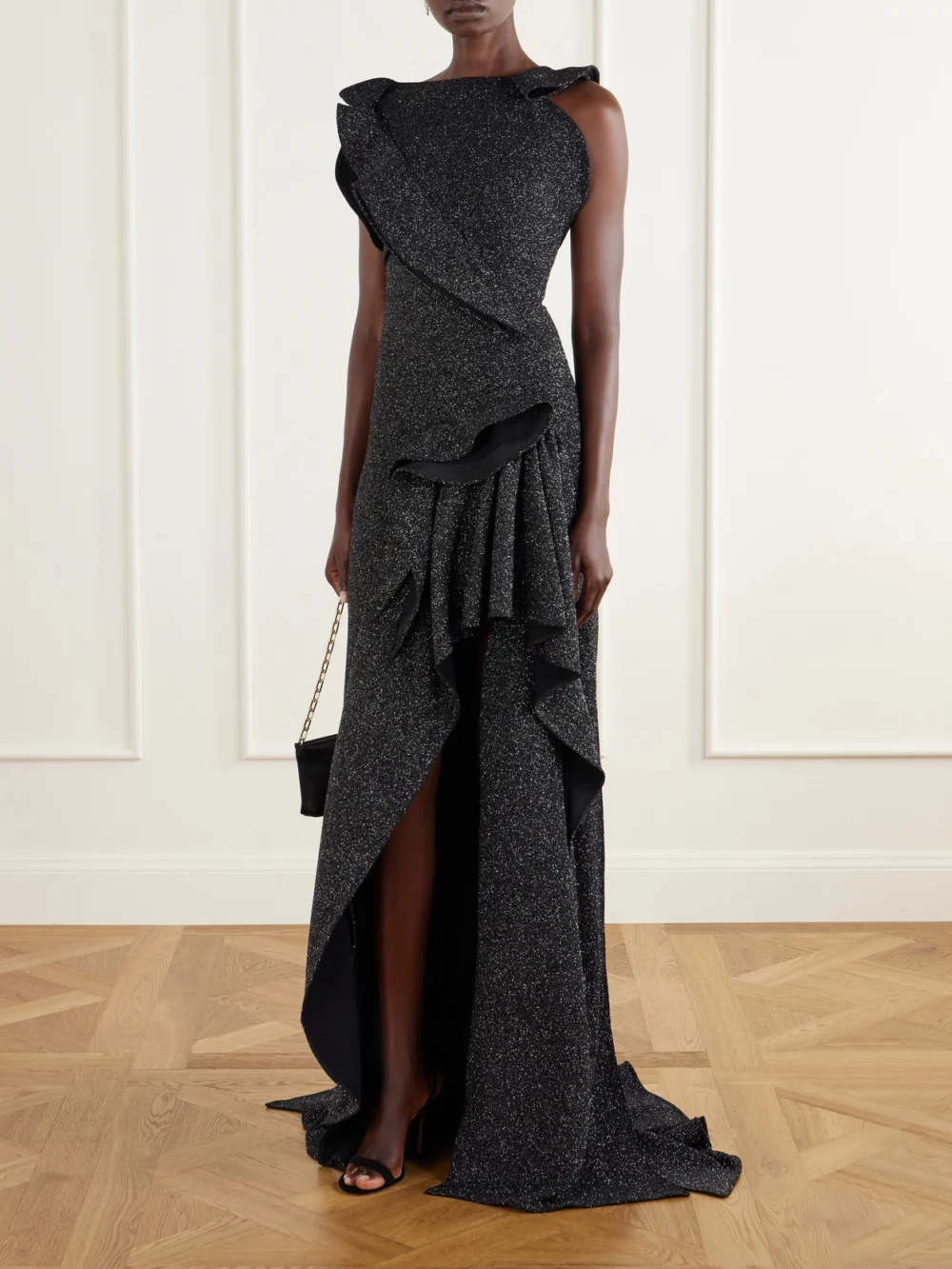 Maticevski Flashpoint Asymmetric Ruffled Lurex Gown, worn by a model