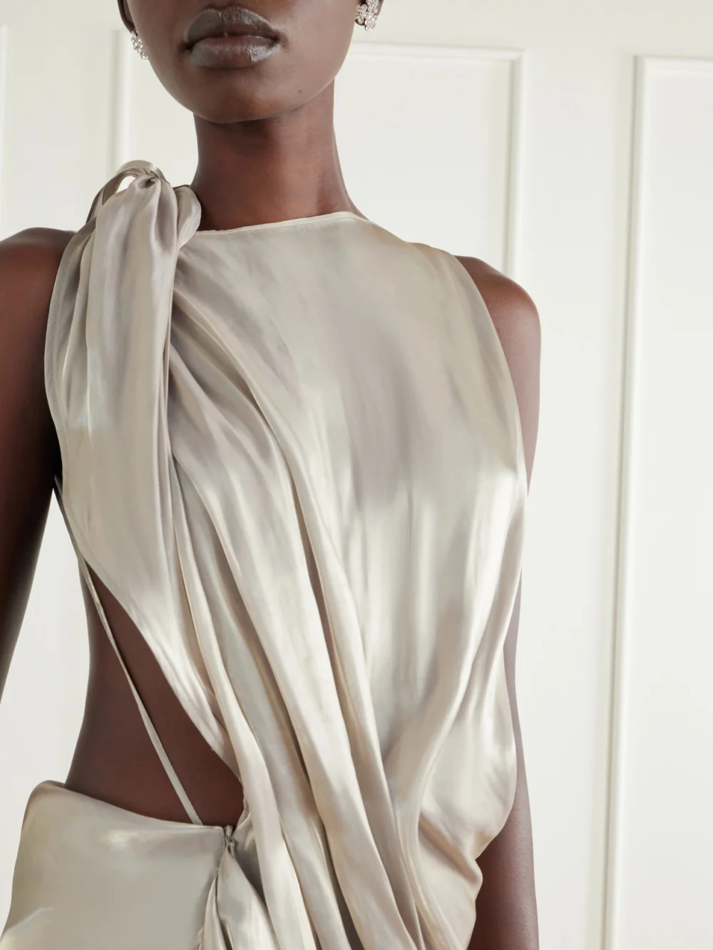 Close-up detail of the Maticevski Glow Up Draped Metallic-satin Gown