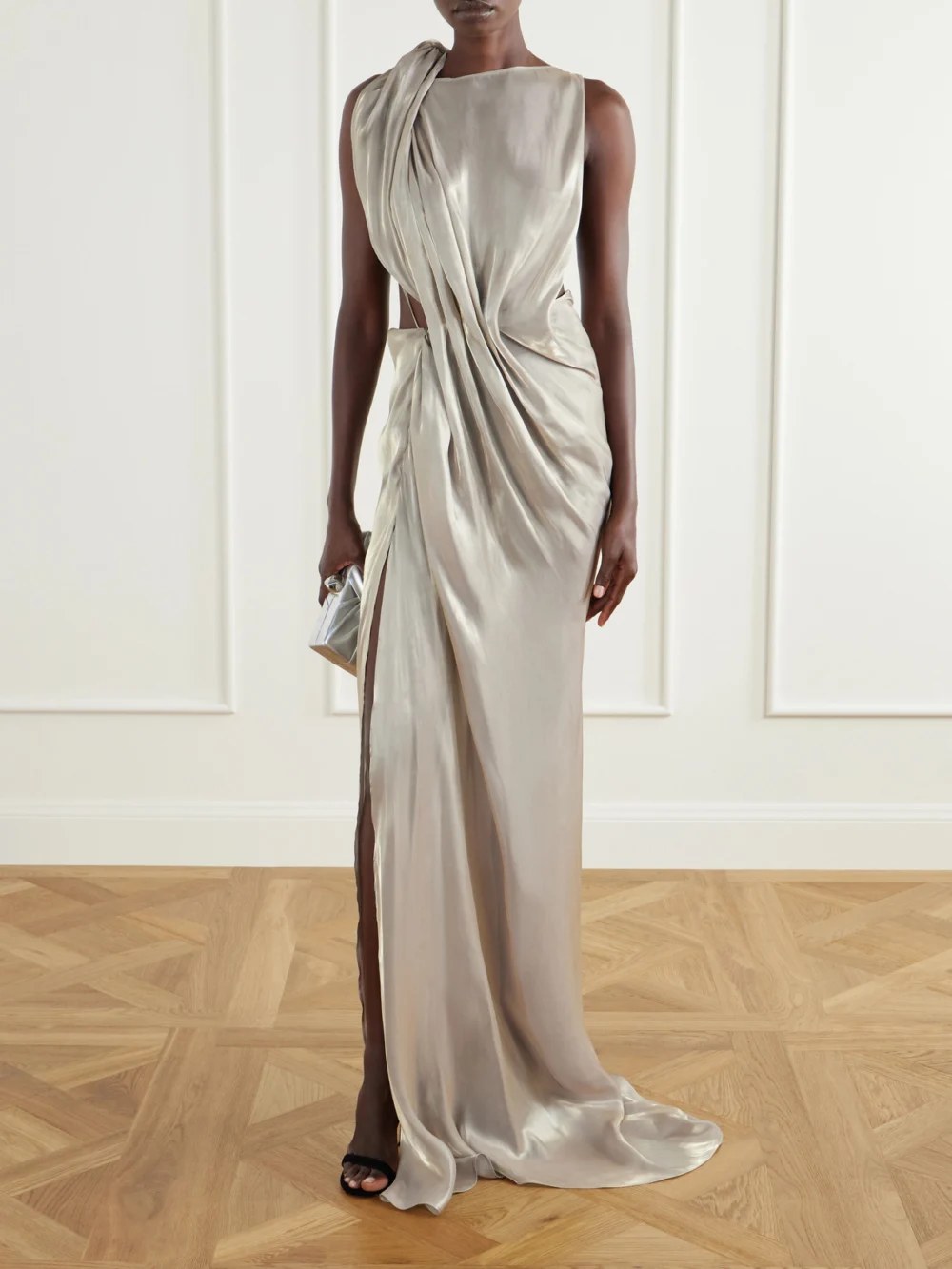 Maticevski Glow Up Draped Metallic-satin Gown, worn by a model