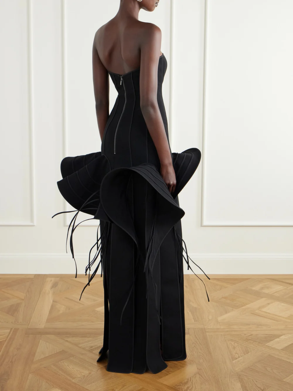 Back view of the Maticevski Kingdom Strapless Ruffled Paneled Crepe Gown