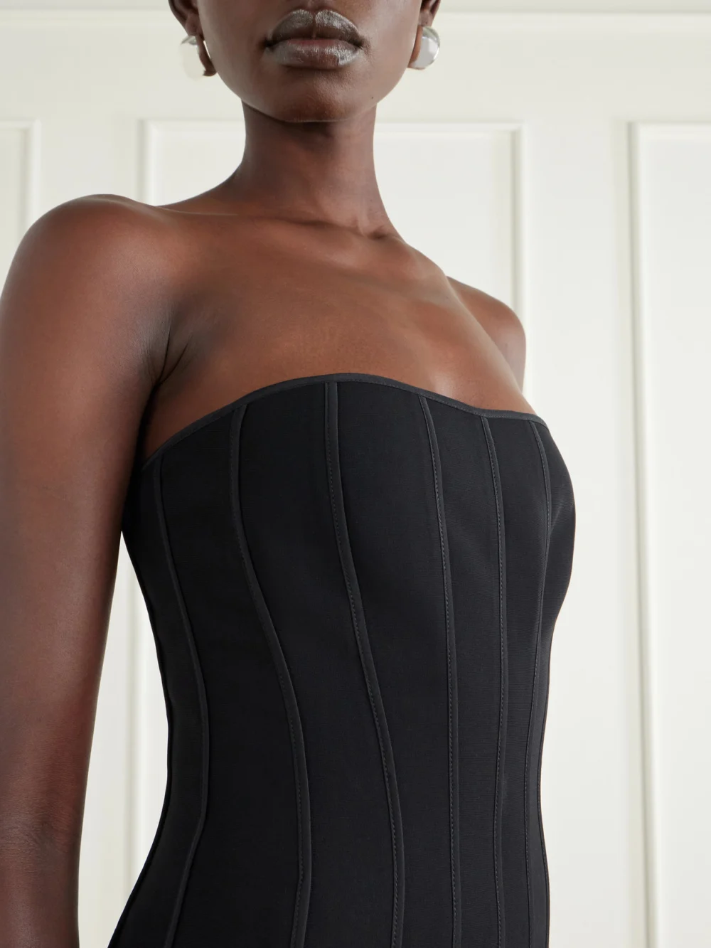 Close-up detail of the Maticevski Kingdom Strapless Ruffled Paneled Crepe Gown