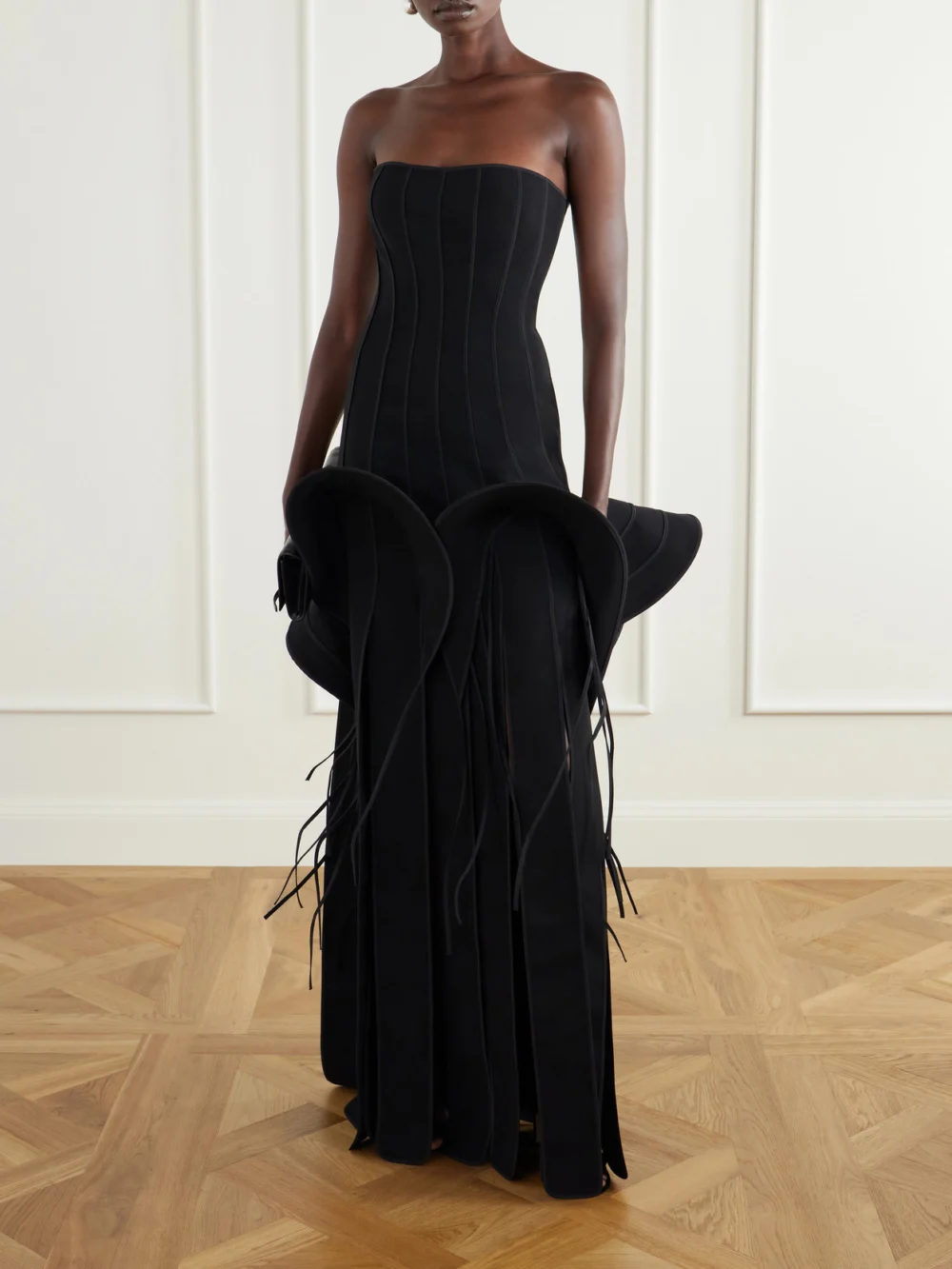 Maticevski Kingdom Strapless Ruffled Paneled Crepe Gown, worn by a model