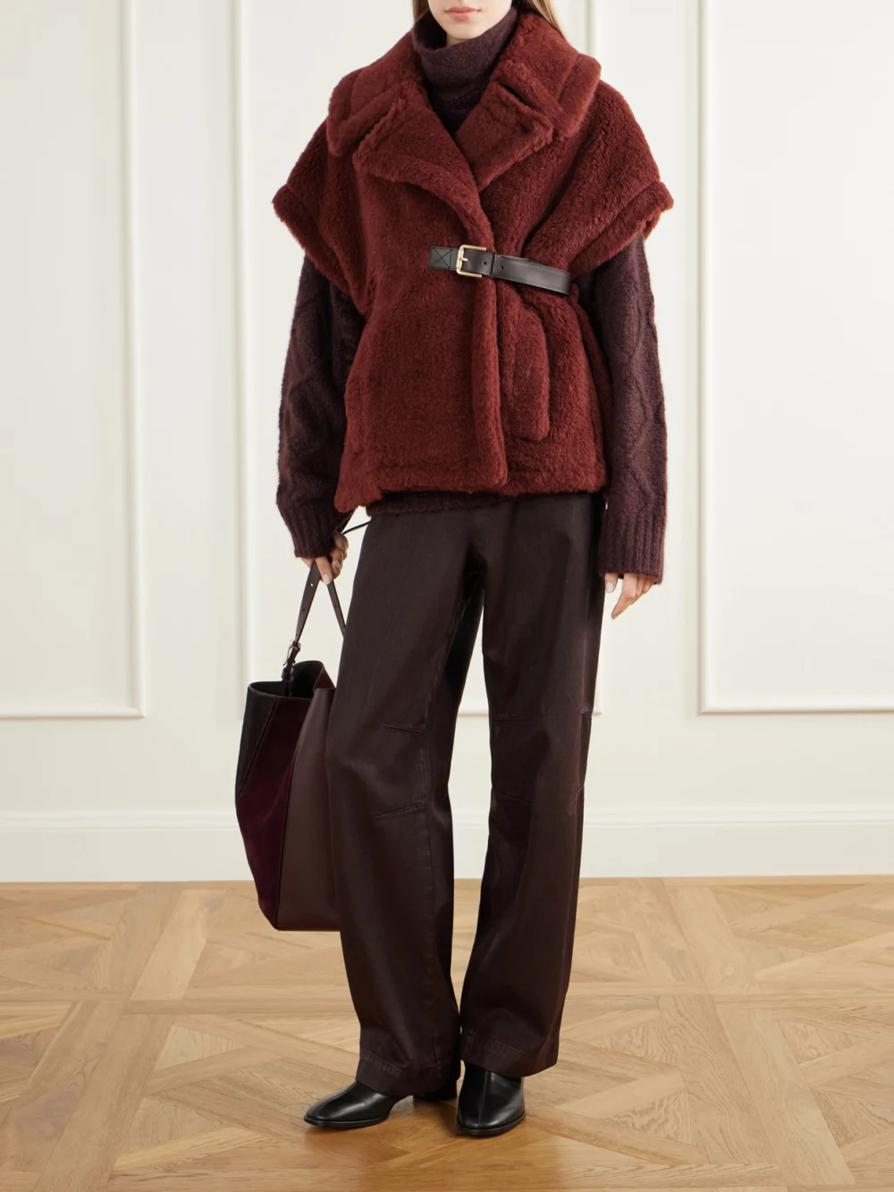Max Mara Abavo Buckled Alpaca, Wool and Silk-blend Fleece Cape, worn by a model