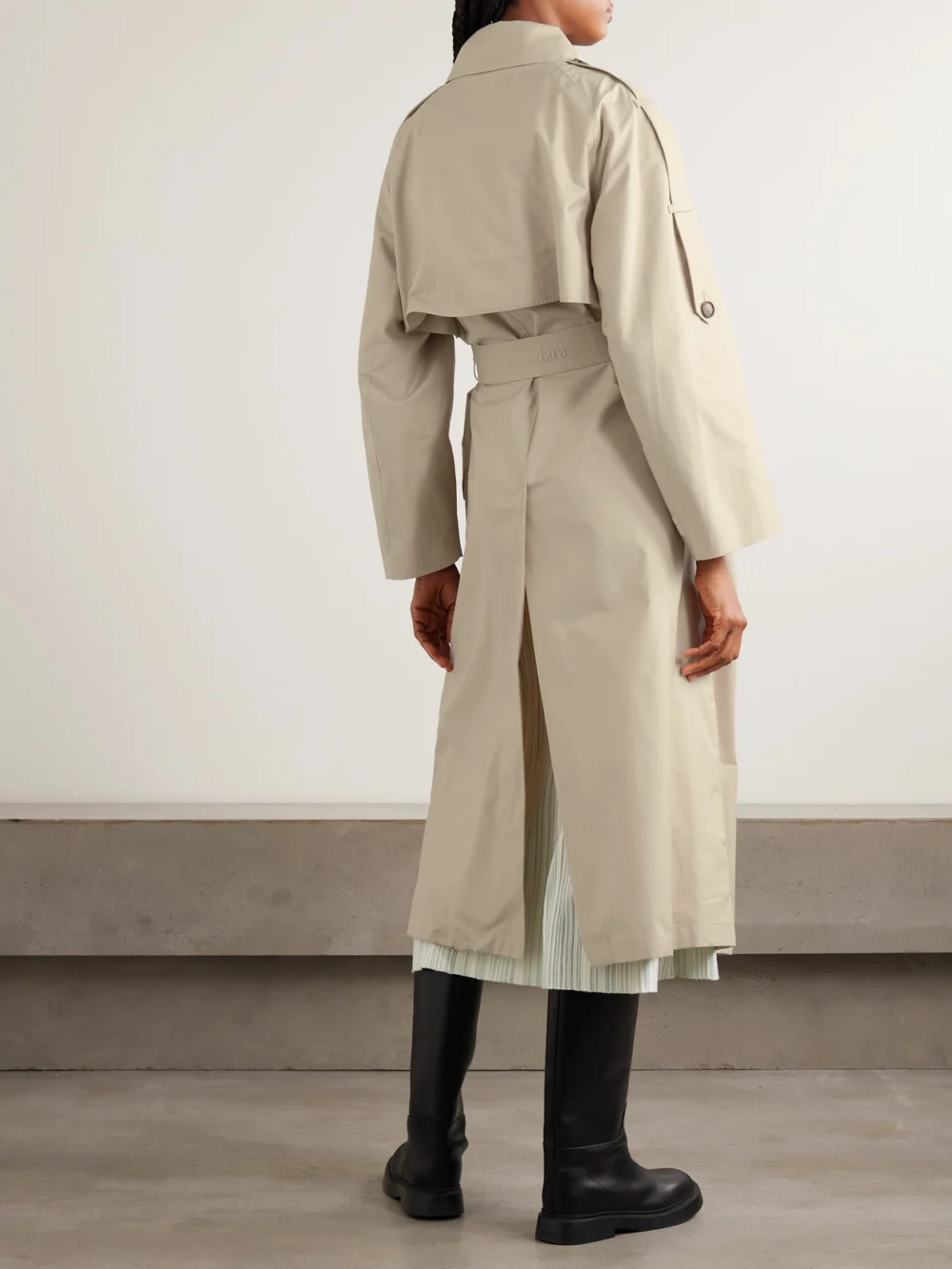 Back view of the Max Mara Delfino Double-breasted Belted Cotton-blend Twill Trench Coat