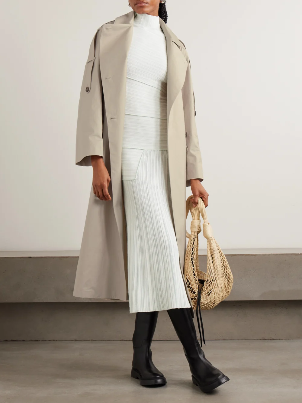 Max Mara Delfino Double-breasted Belted Cotton-blend Twill Trench Coat, worn by a model