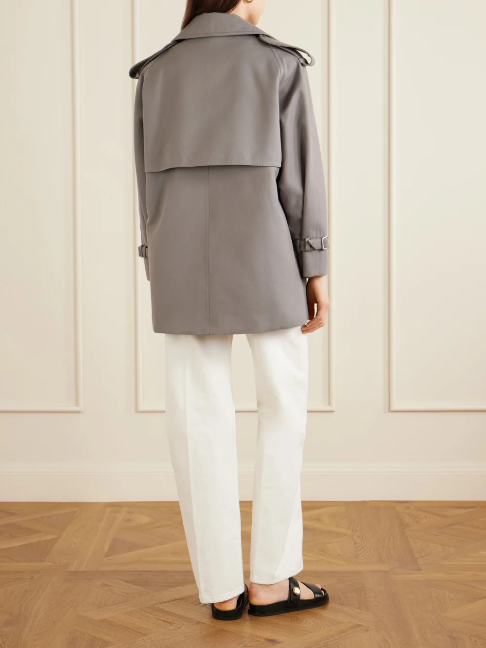 Back view of the Max Mara Double-breasted Belted Cotton-gabardine Cropped Trench Jacket