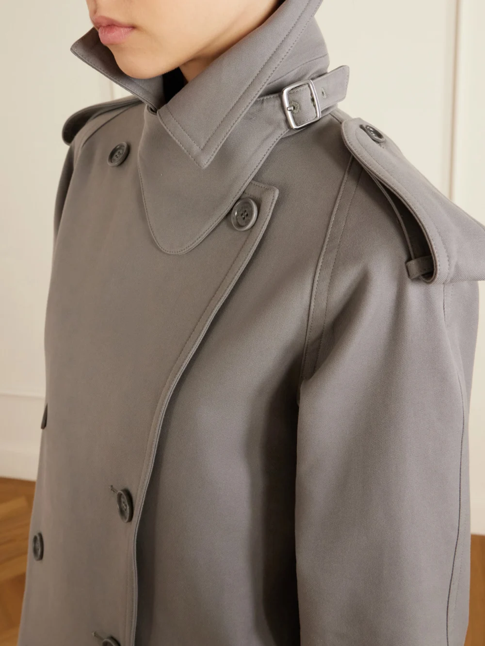 Close-up detail of the Max Mara Double-breasted Belted Cotton-gabardine Cropped Trench Jacket