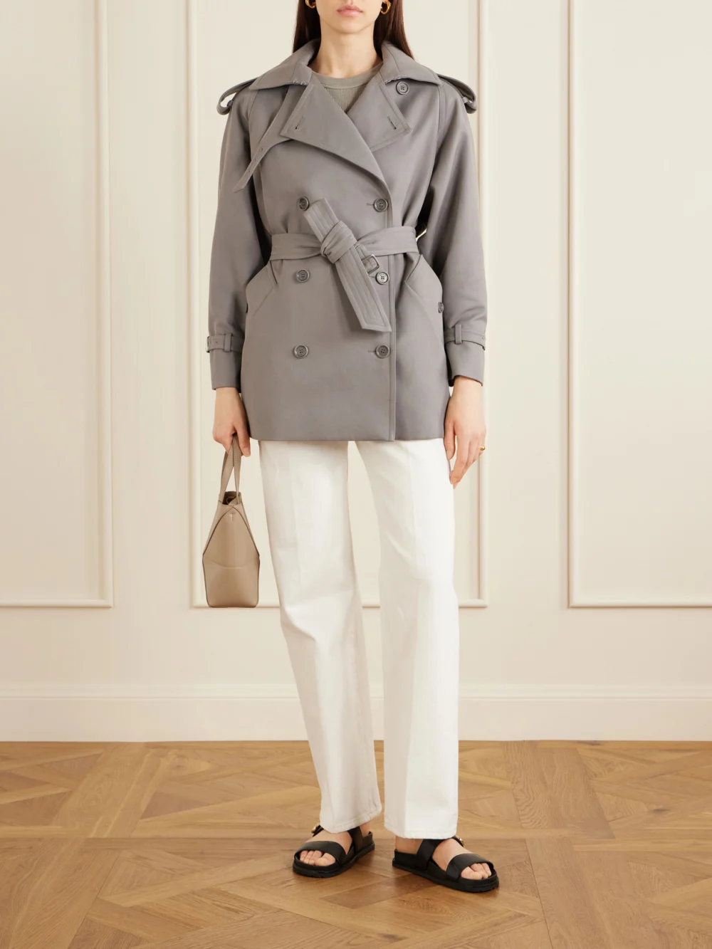 Max Mara Double-breasted Belted Cotton-gabardine Cropped Trench Jacket, worn by a model