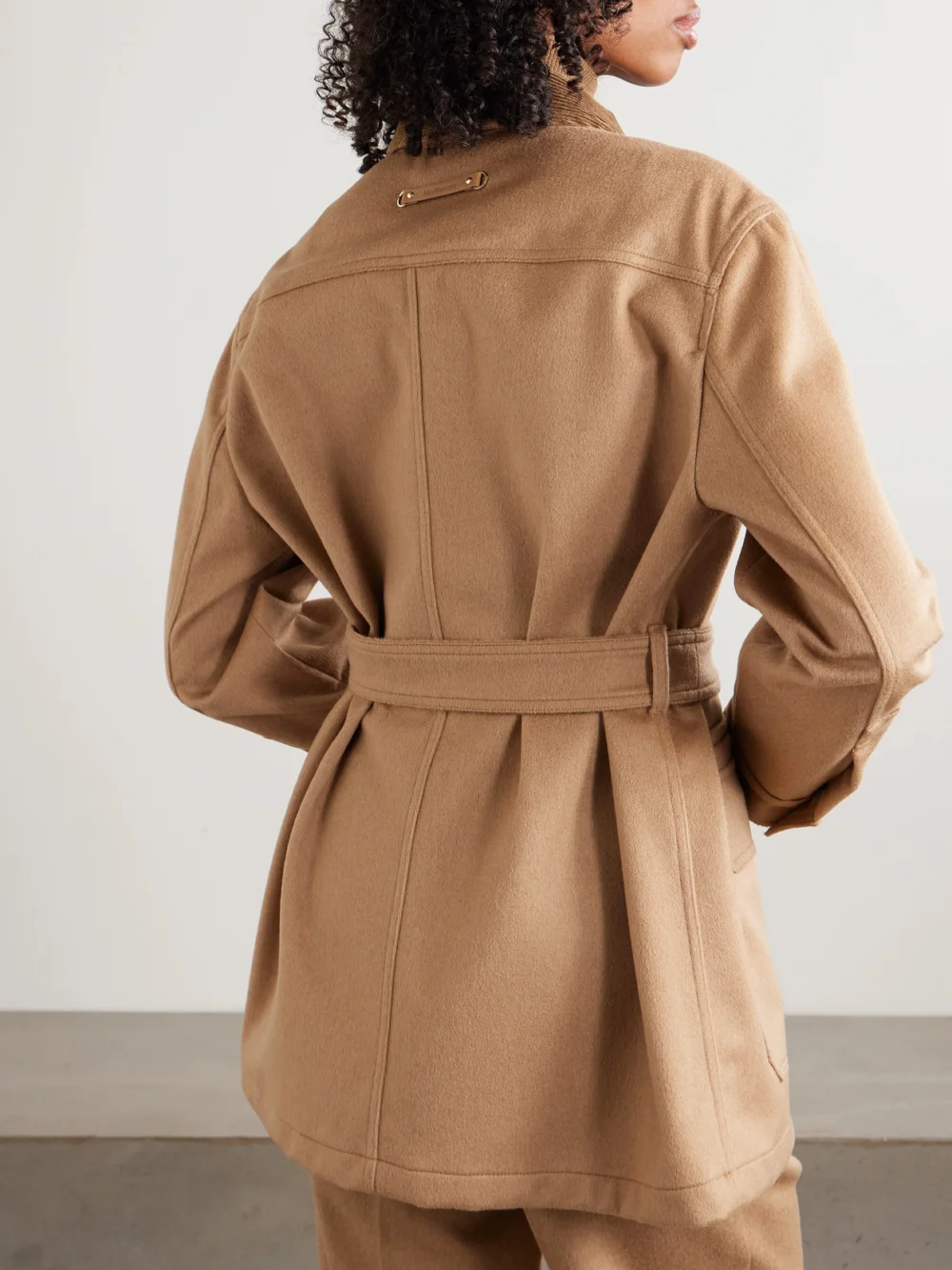 Back view of the Max Mara Leva Belted Corduroy-trimmed Camel Hair Jacket