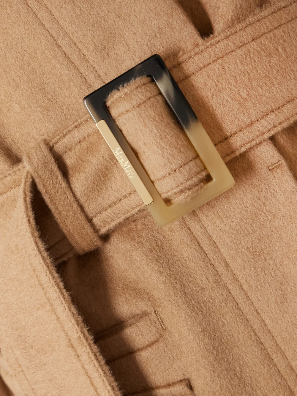 Close-up detail of the Max Mara Leva Belted Corduroy-trimmed Camel Hair Jacket
